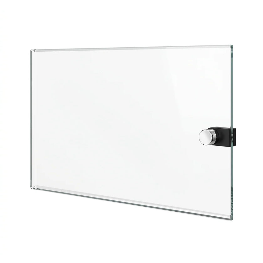 Rectangular glass panel with a metallic handle on a white background