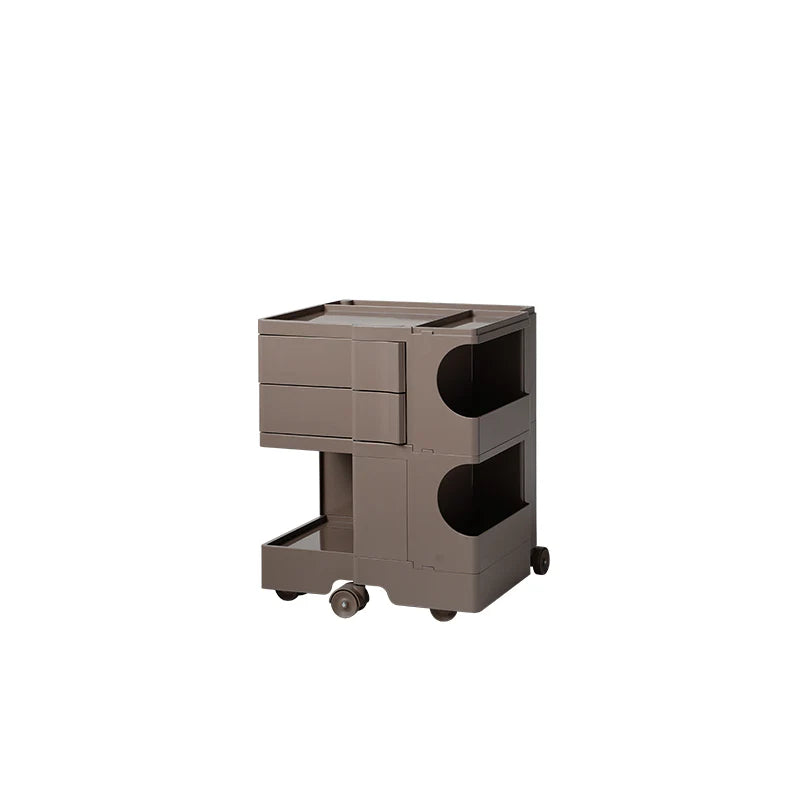 Brown storage cart with multiple drawers and wheels on a white background