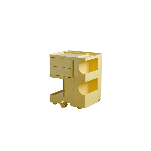 Yellow storage cart with drawers on wheels against a white background