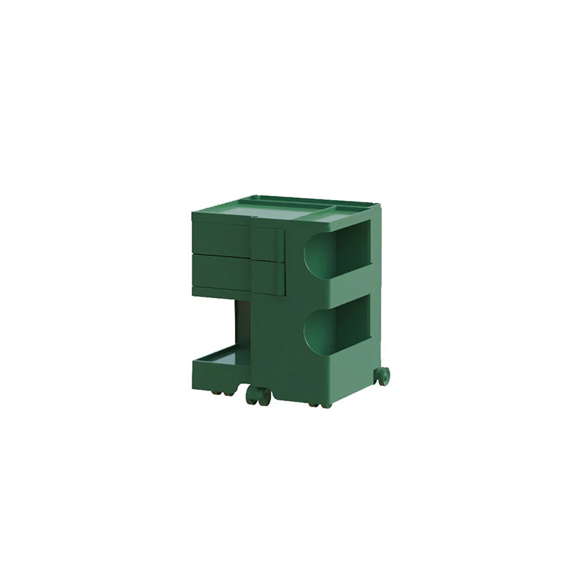 Green storage unit with wheels on a white background