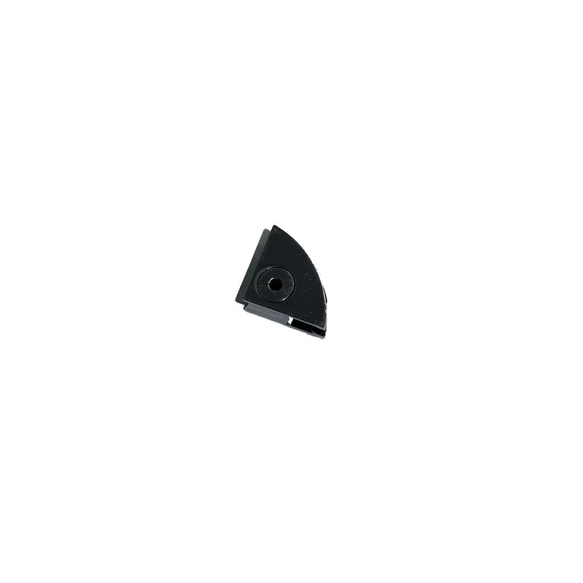 Black triangular metal component on a white background