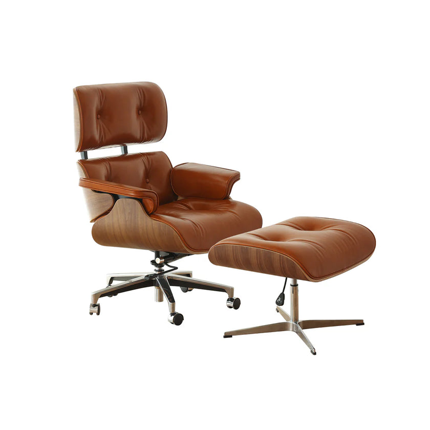 Brown leather lounge chair and ottoman on a white background