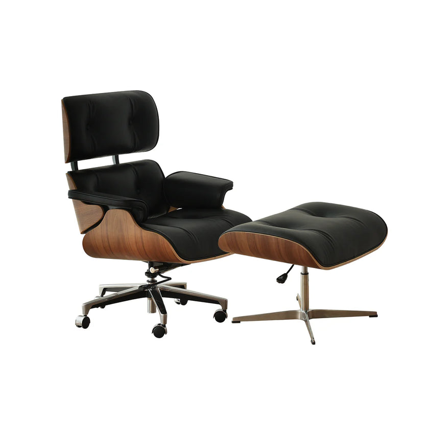 Eames-style lounge chair and ottoman on a white background