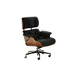 Modern office chair with black leather and wooden accents on a white background