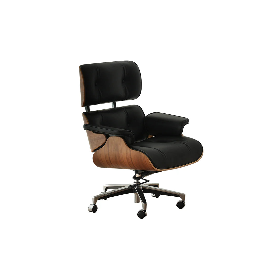 Modern office chair with black leather and wooden accents on a white background