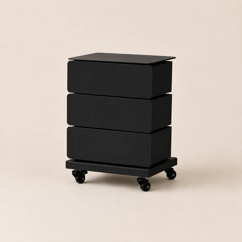 Black three-drawer rolling cart on a beige background
