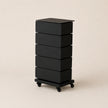Black five-drawer rolling cart on a beige background