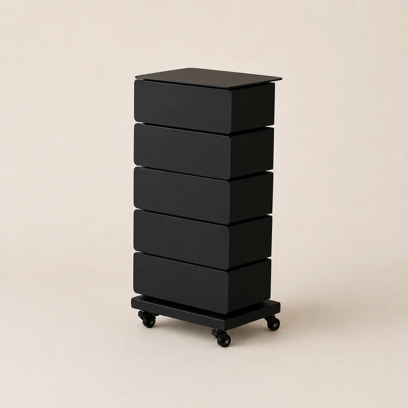 Black five-drawer rolling cart on a beige background