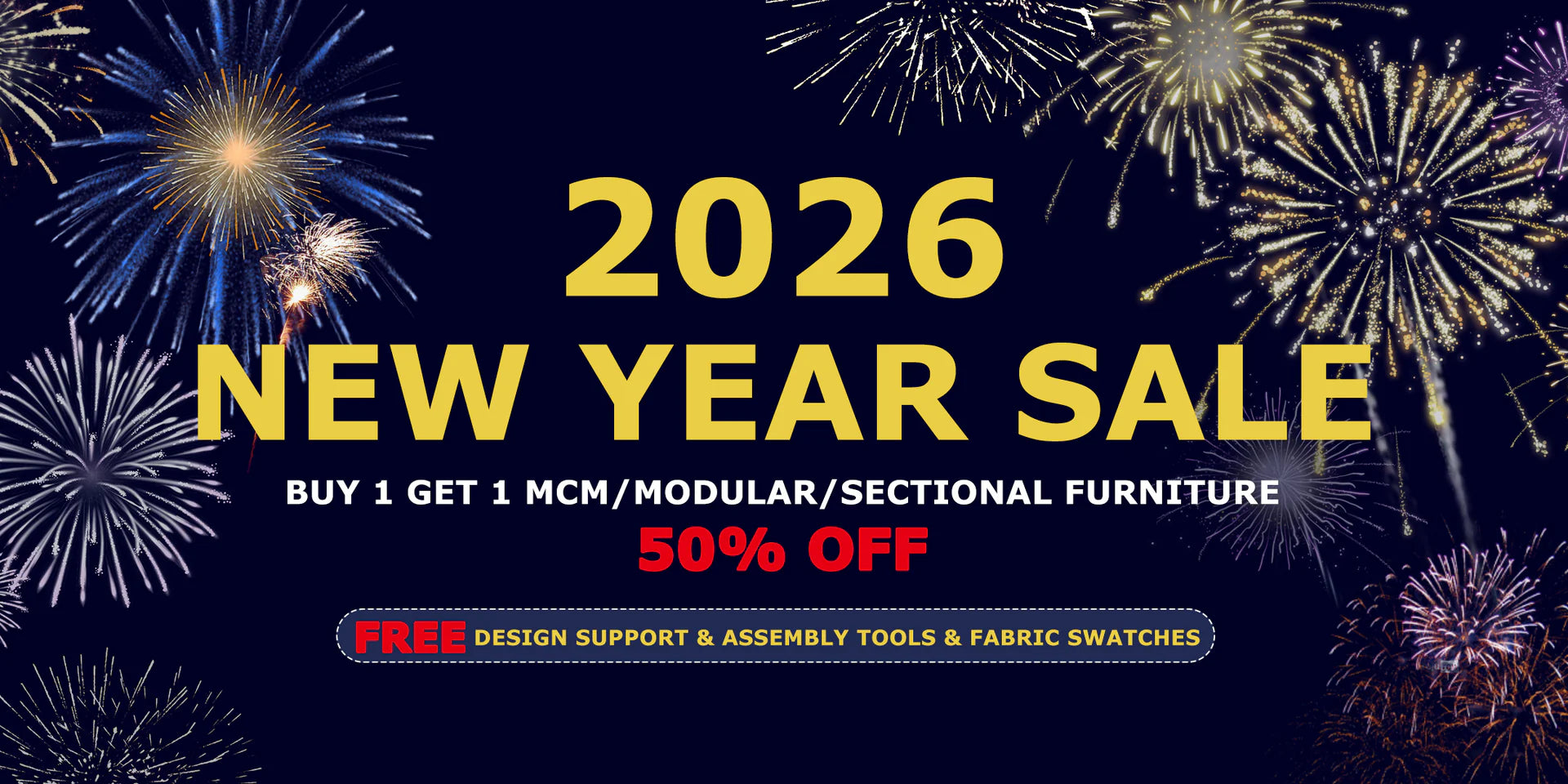 Promotional banner for 2026 New Year Sale with fireworks on a dark background