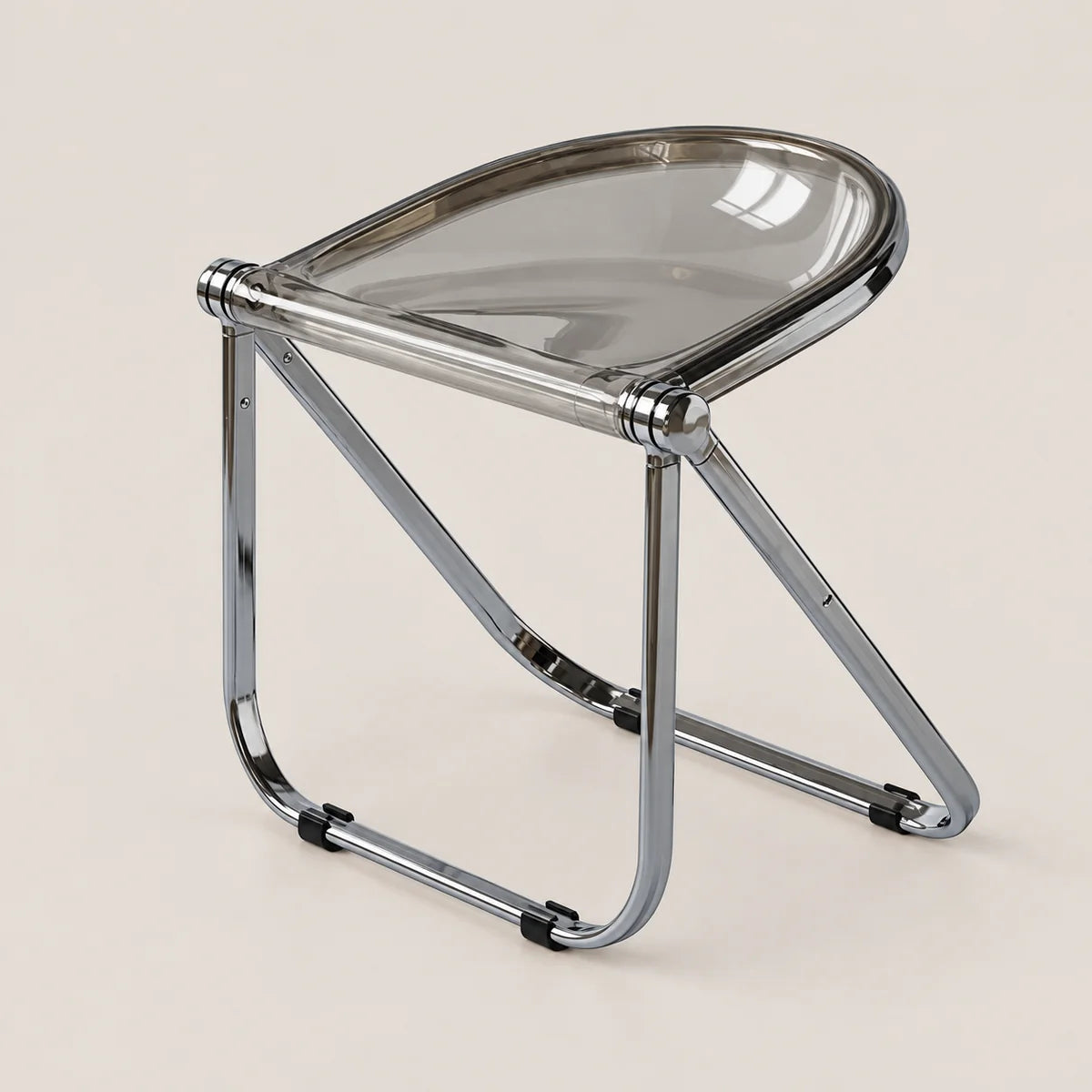 A modern folding stool with a clear smoked-tinted seat and a polished chrome metal frame, shown on a solid light beige background.