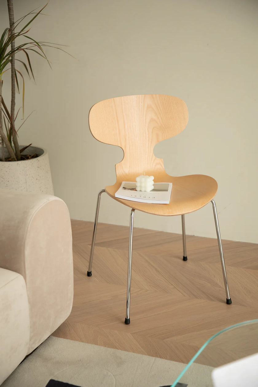 Wooden dining room chair with a plant and a magazine on a wooden floor.
