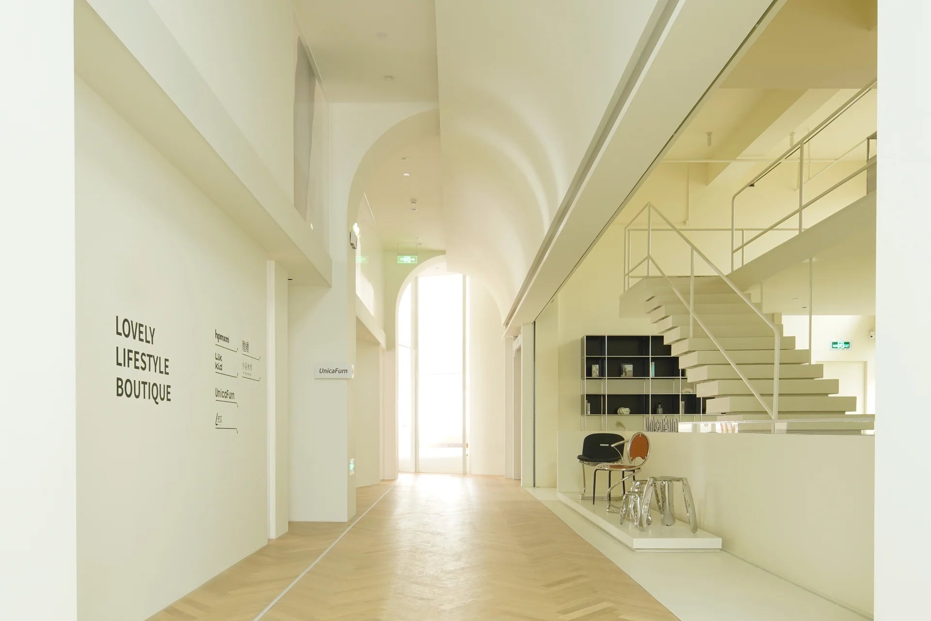 Modern interior design with a staircase and minimal decor.