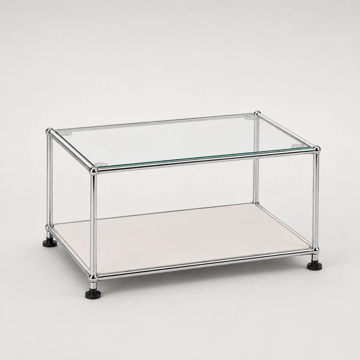 A modern rectangular glass-top storage table with a chrome metal frame and a white lower shelf, shown on a clean white background.