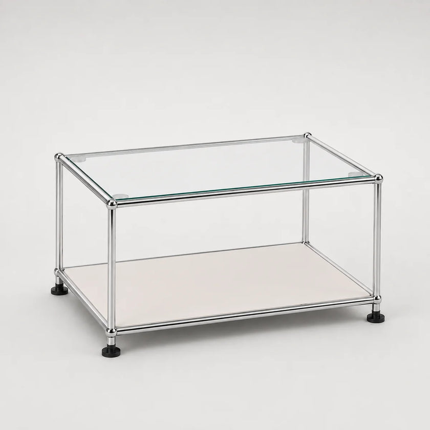 A modern rectangular glass-top storage table with a chrome metal frame and a white lower shelf, shown on a clean white background.