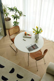 Round dining table with chairs in a room with plants and curtains