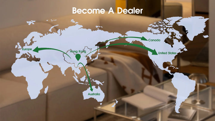 World map with green arrows indicating a dealer network from Hong Kong to Canada, United States, and Australia. The text 'Become A Dealer' is displayed.