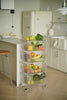 Clear plastic containers rolling cart with fruits and vegetables in a kitchen setting