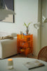 Orange plastic containers 3 tier rolling cart with a plant and books in a living room setting.