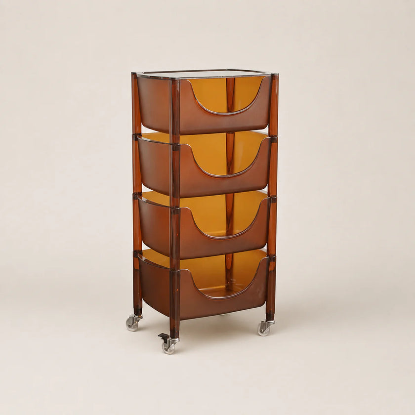 Brown metal and glass shelf unit on wheels against a beige background