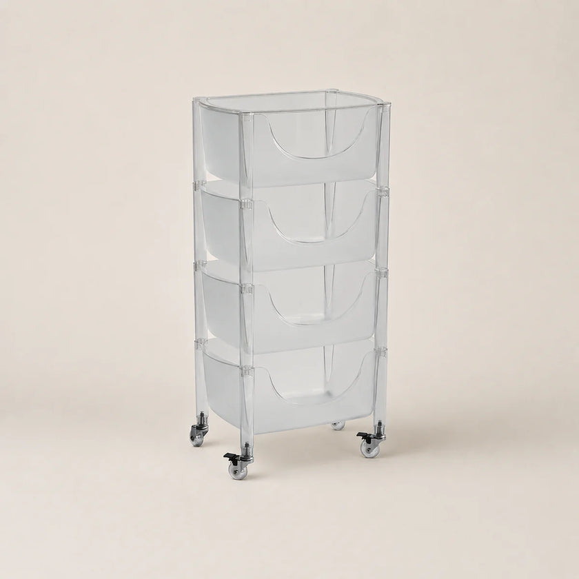 Clear plastic rolling cart with multiple shelves on a beige background