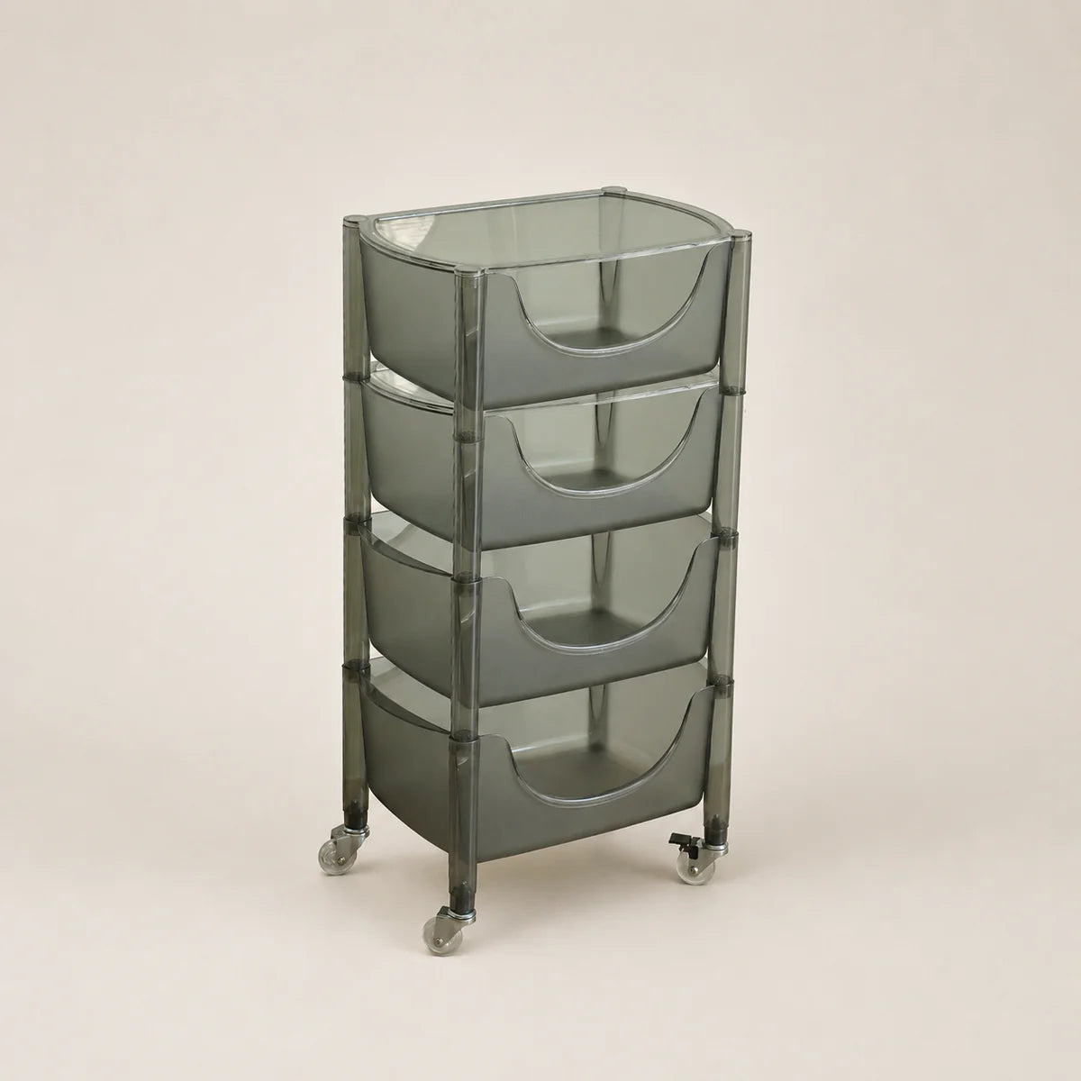 Gray rolling cart with four shelves on a beige background