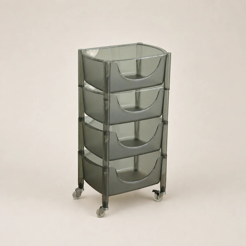 Gray rolling cart with four shelves on a beige background