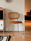 A mid-century modern dining chair with a curved brown leather seat and a woven cane backrest on a chrome metal frame, set in a warm, minimalist living space.