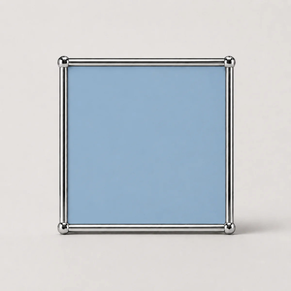 A light blue square metal frame with a light blue center panel and polished silver-toned corner posts, shown against a plain light gray background.