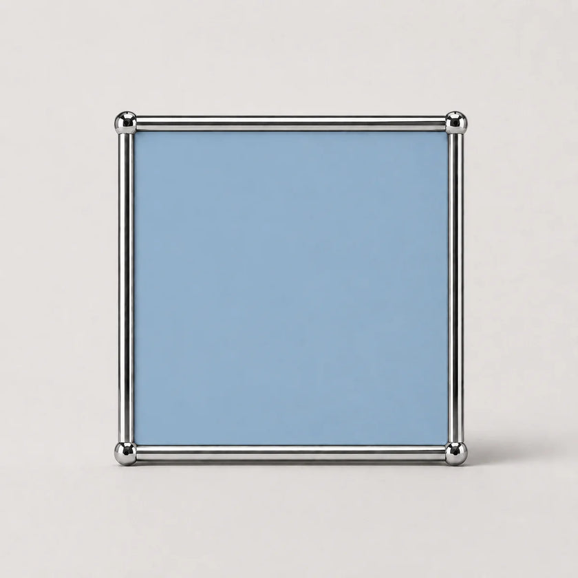 A light blue square metal frame with a light blue center panel and polished silver-toned corner posts, shown against a plain light gray background.