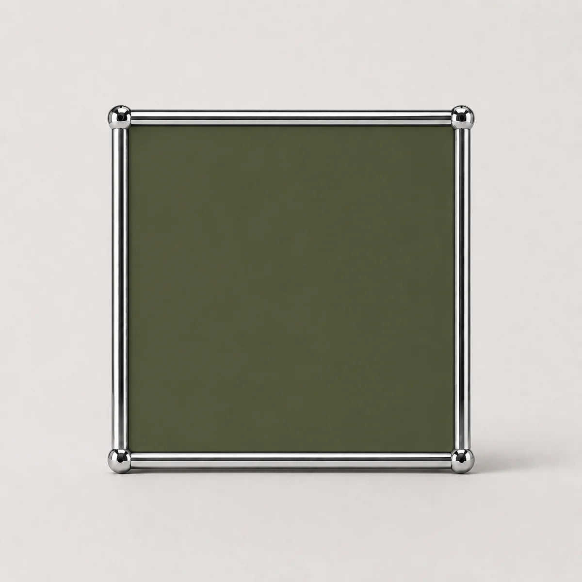 A square metal-framed picture frame with a dark olive green insert, shown against a light gray background.
