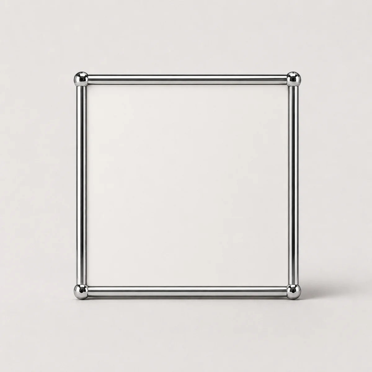 A white square metallic frame made of four polished silver rods with ball joints at each corner, standing upright on a light gray background.