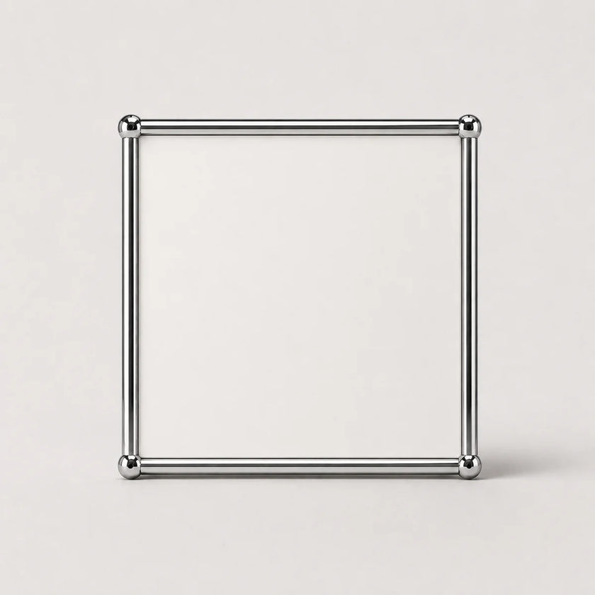 A white square metallic frame made of four polished silver rods with ball joints at each corner, standing upright on a light gray background.