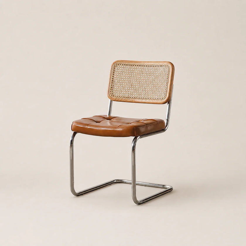 Brown chair with woven backrest on a beige background