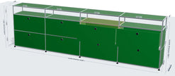 A green and silver retail display counter with glass display cases and storage cabinets, shown with dimension lines indicating measurements.