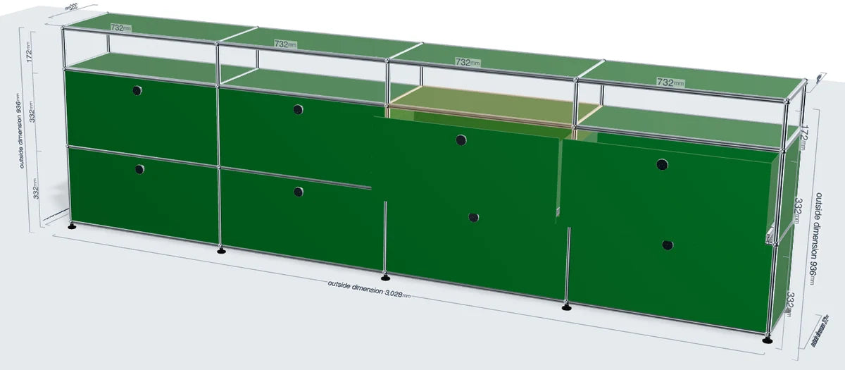 A green and silver retail display counter with glass display cases and storage cabinets, shown with dimension lines indicating measurements.