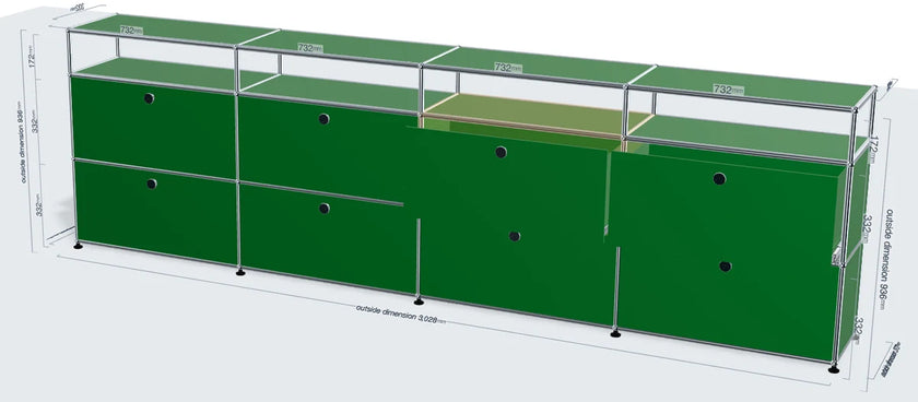 A green and silver retail display counter with glass display cases and storage cabinets, shown with dimension lines indicating measurements.