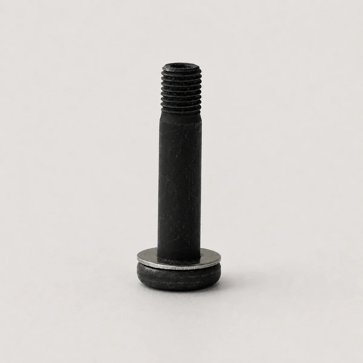 A single black metal threaded bolt with a flat washer head, standing upright on a light gray background.