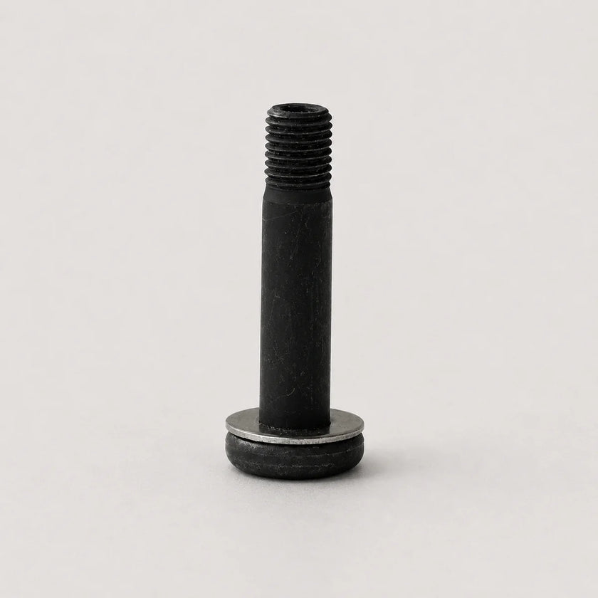 A single black metal threaded bolt with a flat washer head, standing upright on a light gray background.