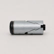 A silver metallic cylindrical device with a textured black end cap and a threaded black port, photographed on a plain light gray background.
