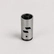 A metallic silver cylindrical component with black threaded openings and cutout details, photographed on a clean light gray background.