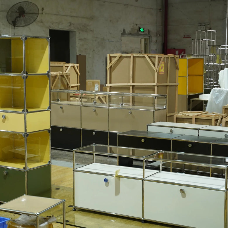 Storage units and furniture in a warehouse setting