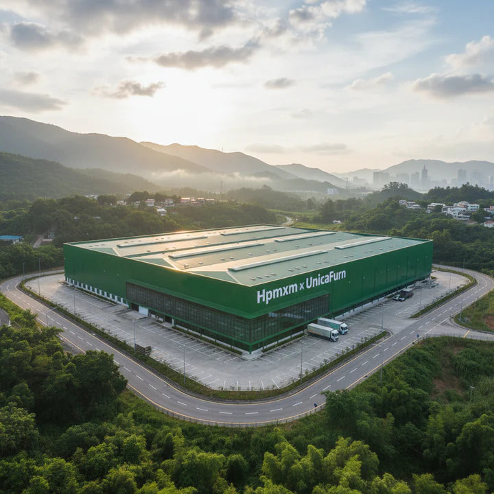Green industrial building with 'Hpmxm x UnicaFurn' branding, surrounded by trees and mountains.