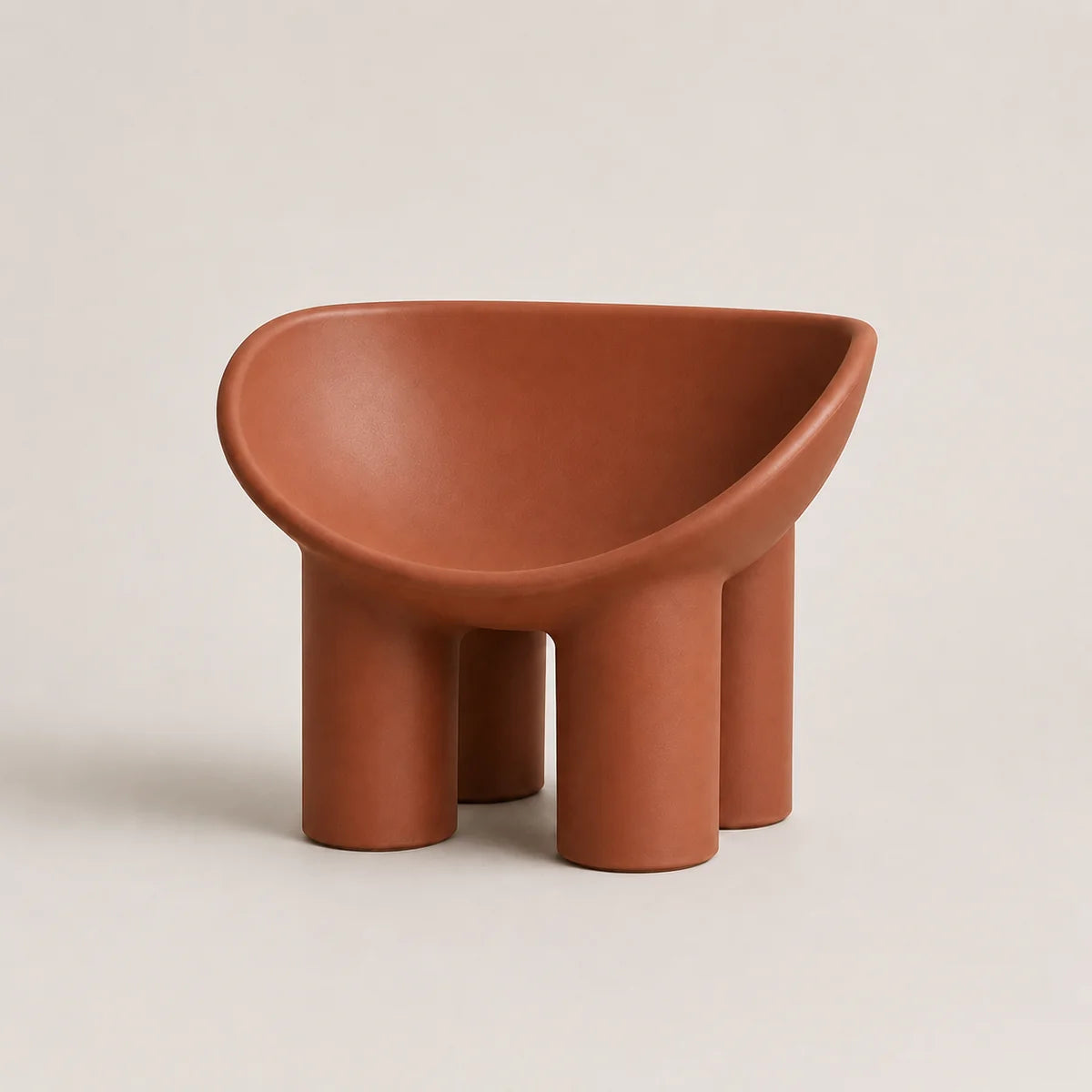 A terracotta-colored molded PE plastic stool with a wide, rounded seat and four cylindrical legs, shown against a plain light beige background.