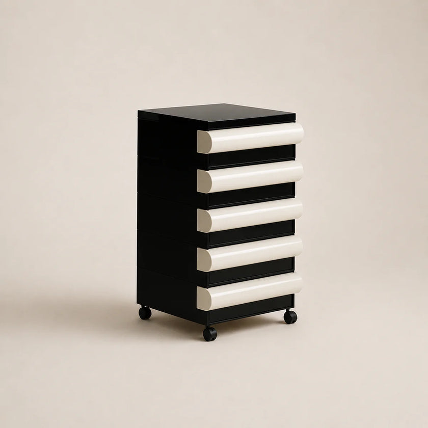 Black and white drawer unit on a beige background