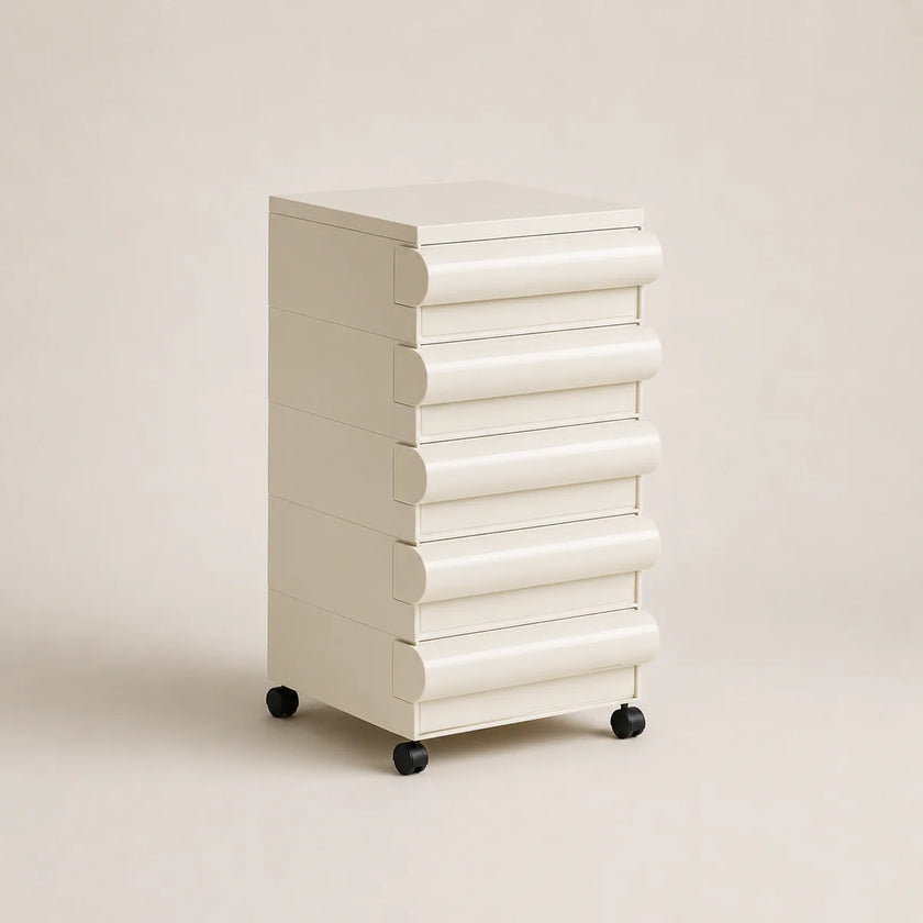 White cylindrical storage unit on wheels against a beige background