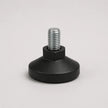 A black plastic leveling foot with a silver metal threaded bolt and hex nut, shown on a neutral light gray background.