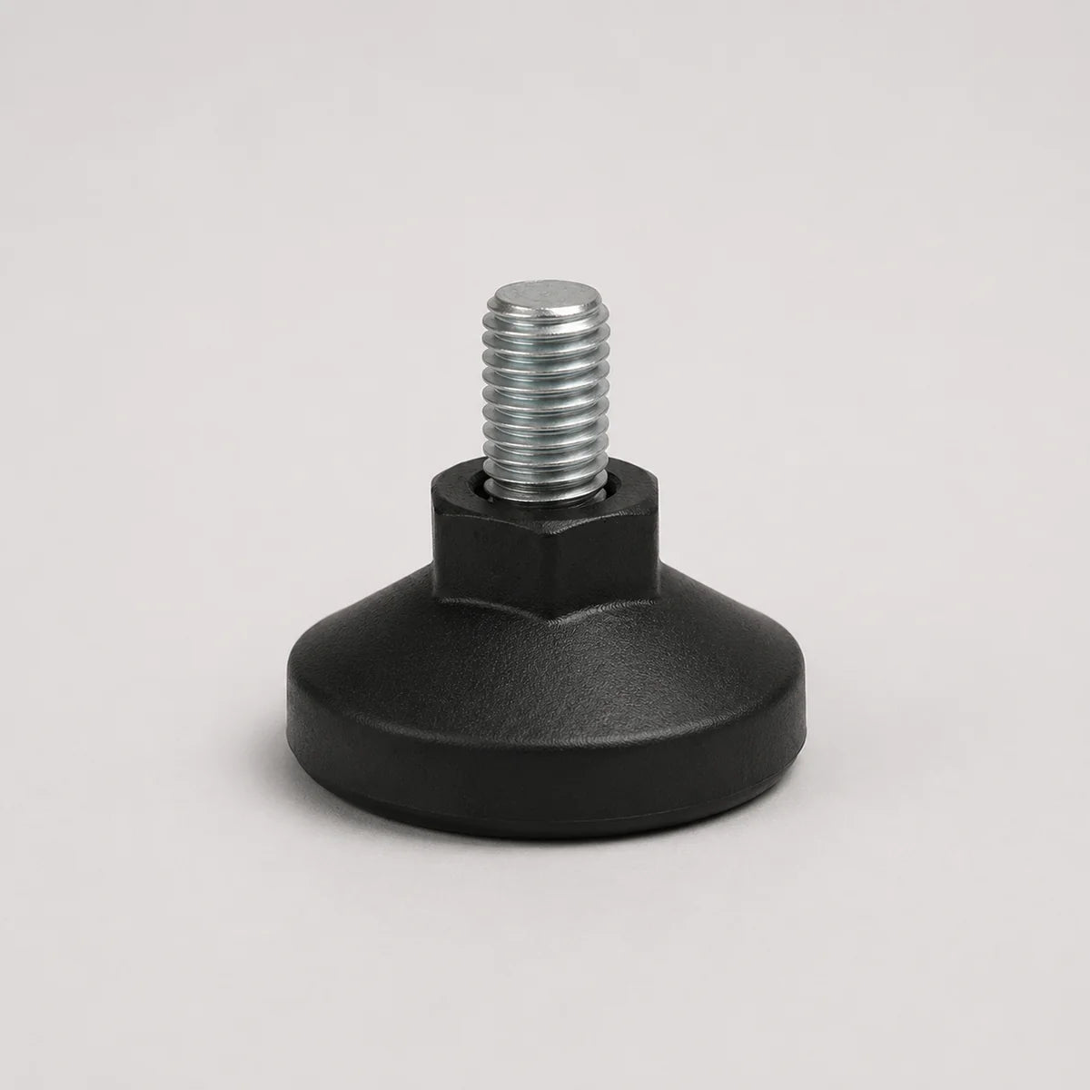 A black plastic leveling foot with a silver metal threaded bolt and hex nut, shown on a neutral light gray background.
