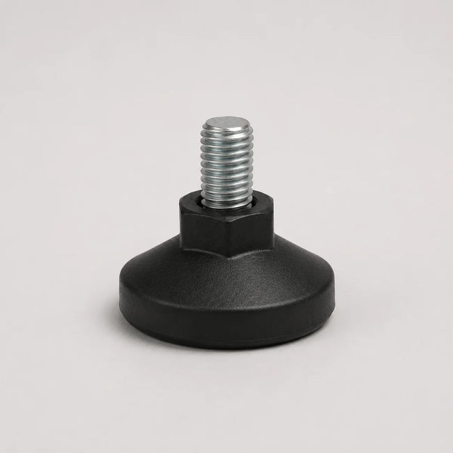 A black plastic leveling foot with a silver metal threaded bolt and hex nut, shown on a neutral light gray background.