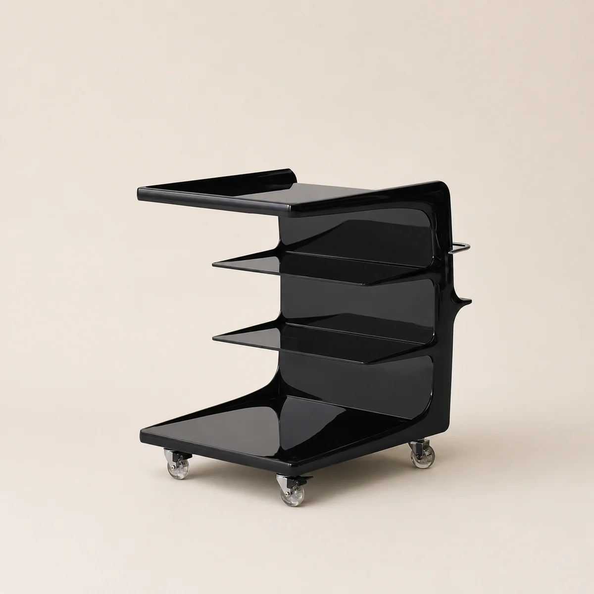 Black service cart with shelves on a beige background