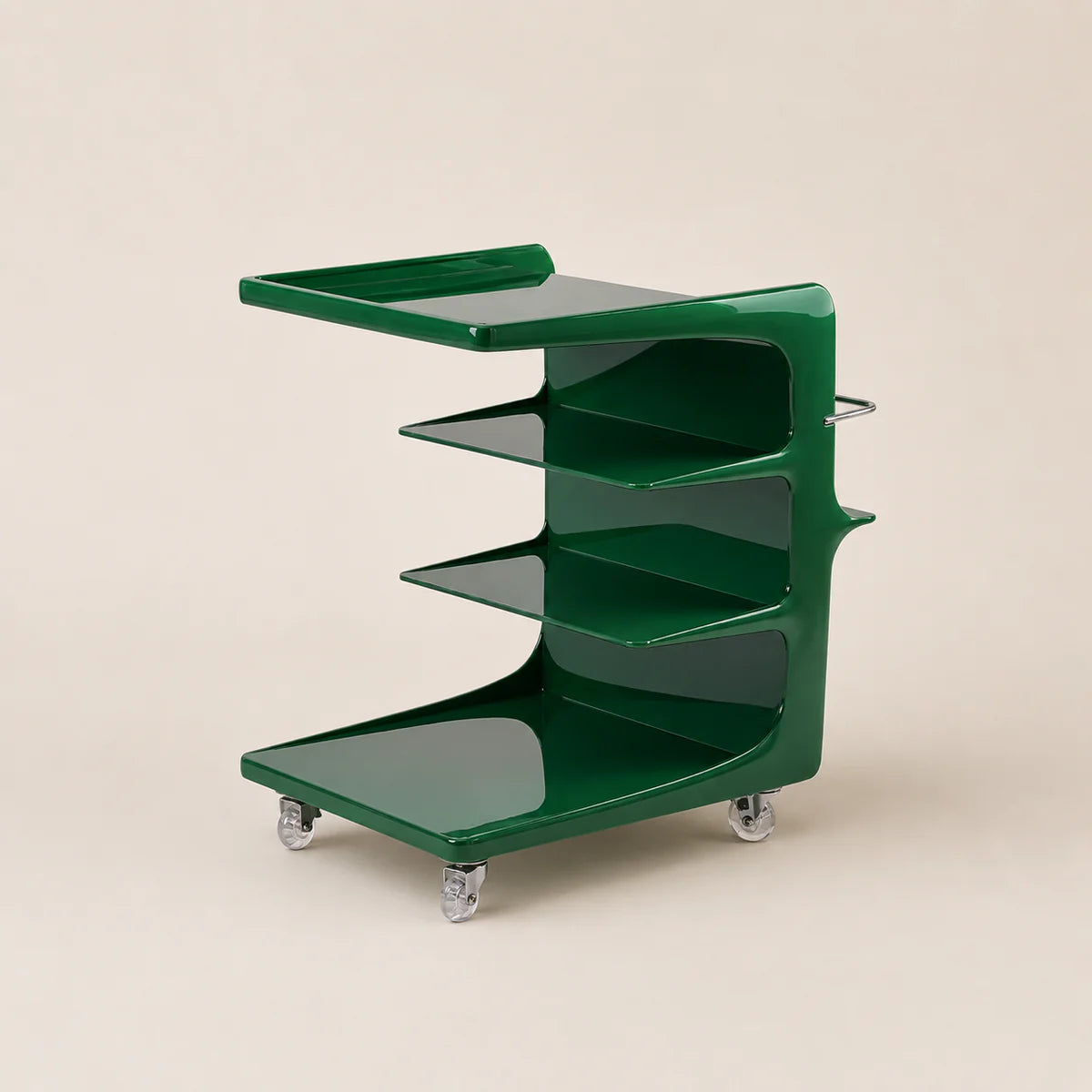 Green rolling cart with multiple shelves on a beige background